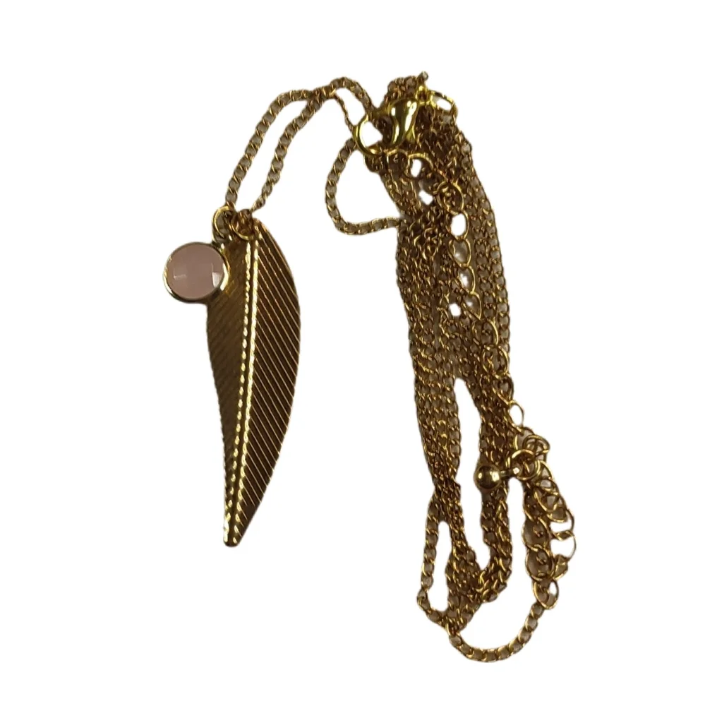Gold Feather and Pink Circle Pendants on Long Gold Chain Necklace Adjustable